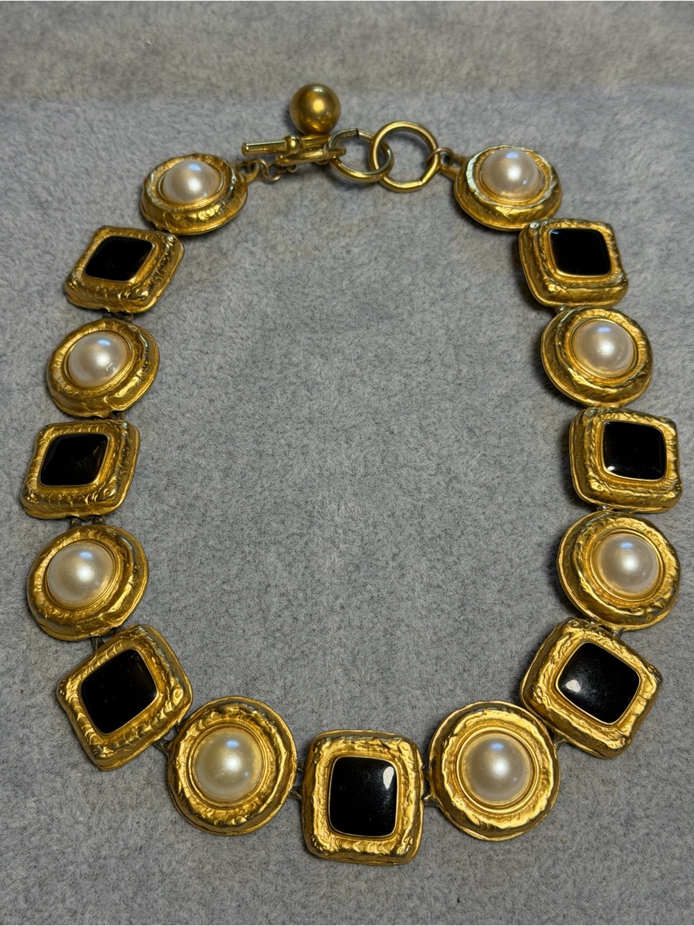 Vintage Anne Klein Gold-Tone Faux Pearl & Black Tile Statement Necklace